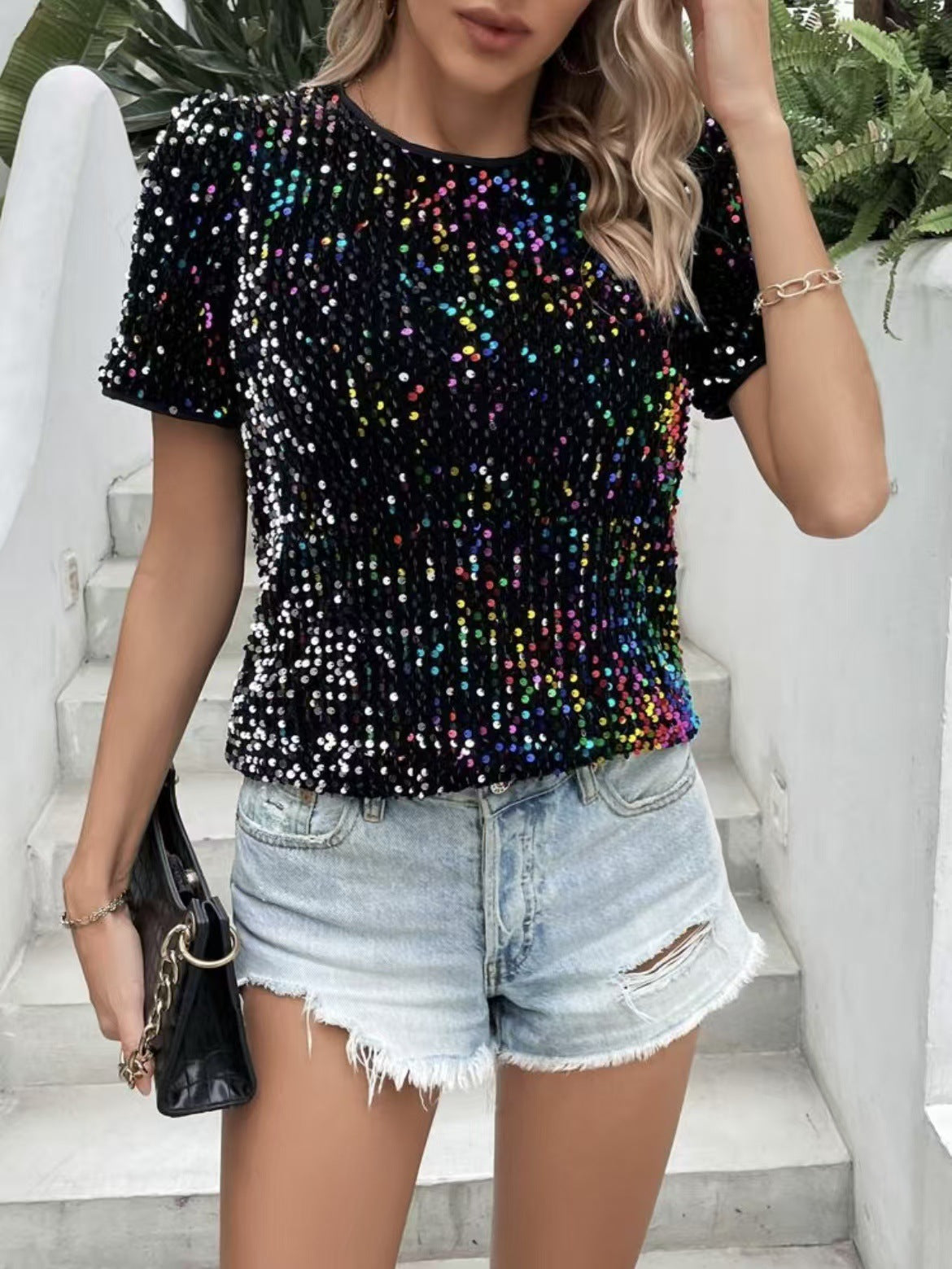 Short Sleeve Bag Neck Crew Neck Top Women's T-Shirt