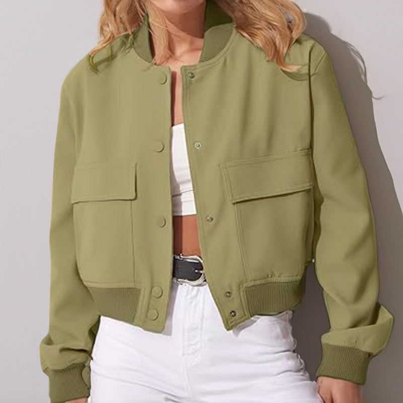 Women's Casual Stand-up Collar Solid Color Pocket Jacket