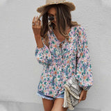 Womens Fall Fashion  Boho Tops Casual Frill Trim Mock Neck Shirts Puff Long Sleeve Blouse Floral Print Top