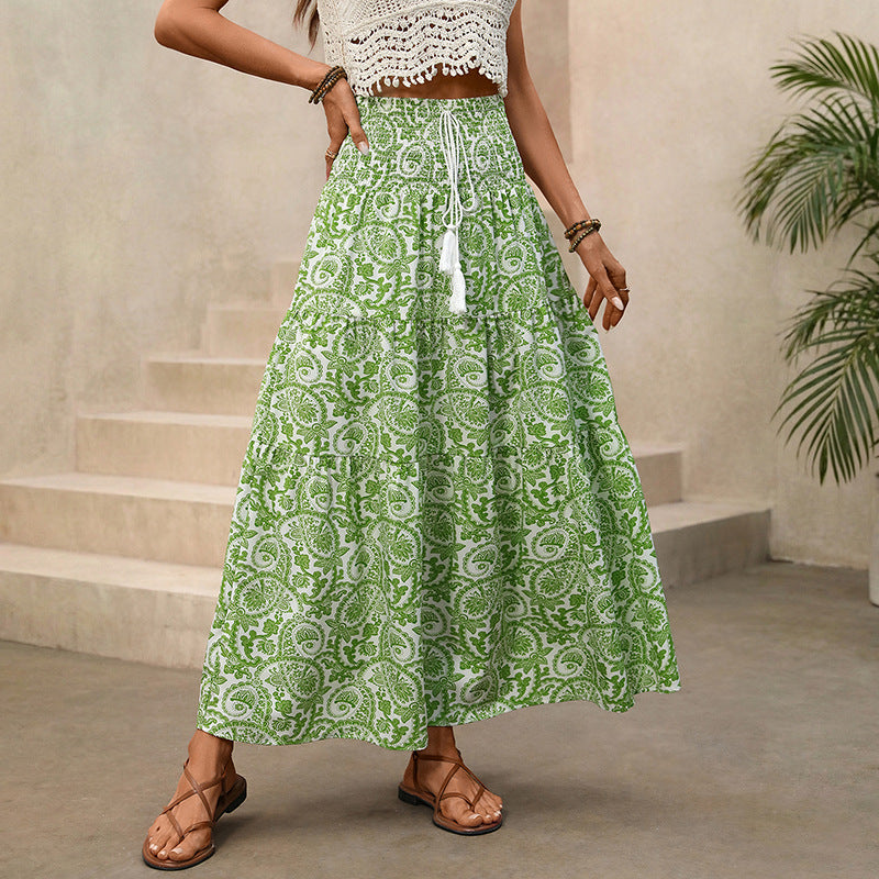 Long Skirt Elastic Waist Fringed Drawstring Paisley Print Skirt