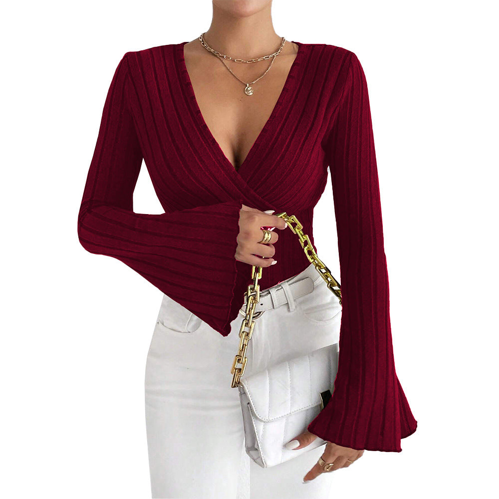Women's V-Neck Flared Sleeve Slim-Fit Shirt Knitted Top