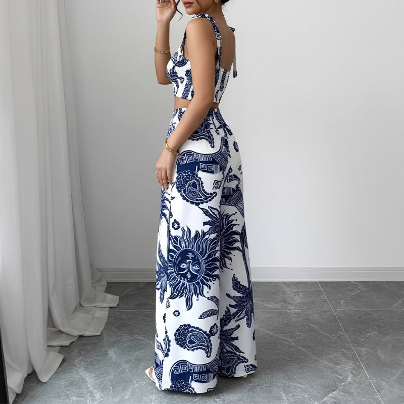 Womens Casual Vacation Plant Printed Tank Top Wide Leg Pants Set
