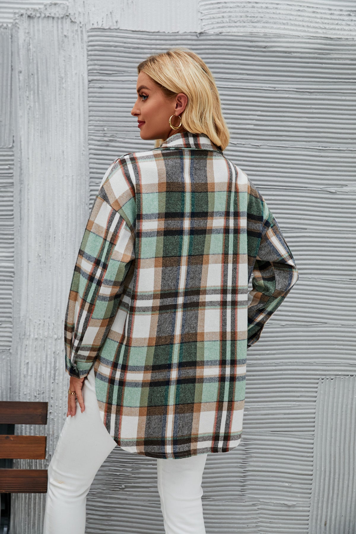 Women Long Sleeve Cardigan Lapel Loose Plaid Wool Shirt Jacket