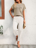 Women Short Sleeve Two Piece Solid Color Casual Waffle Loung