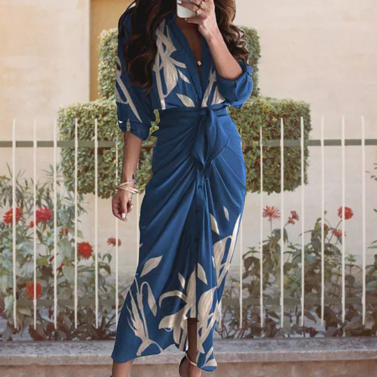 Womens Casual V-Neck Printed Strap-on Dress