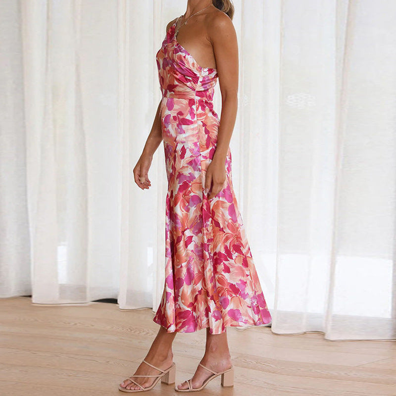 Womens Print Slant Neck Off-the-shoulder Dress