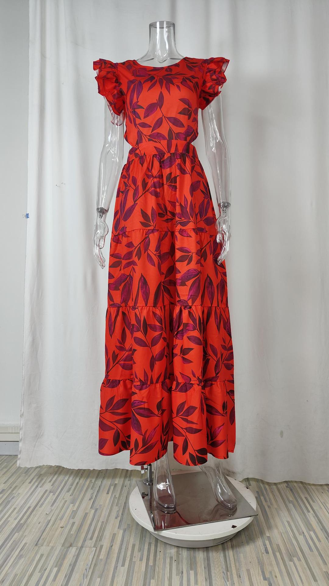 Womens Lotus Leaf Sleeve Print Long Dress