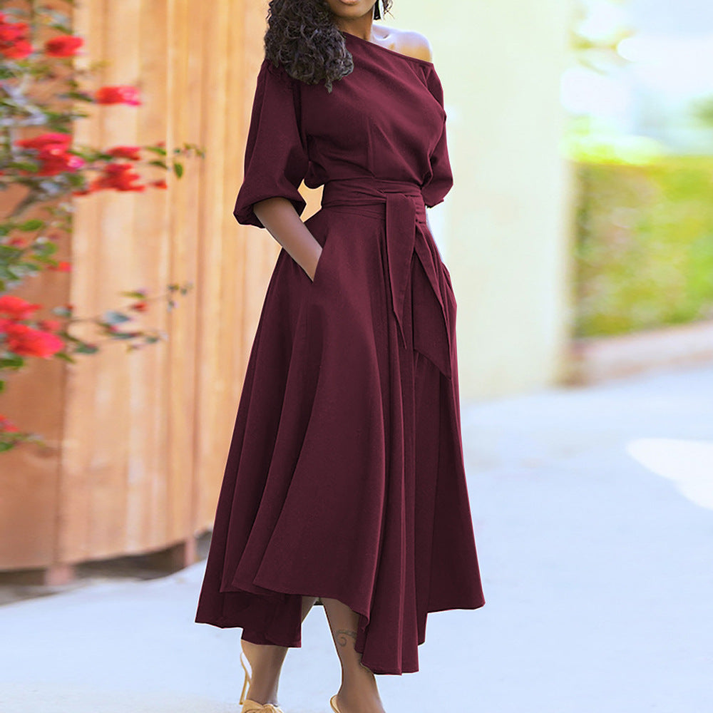 Solid Color Slanted Shoulder Strap Waist Dress