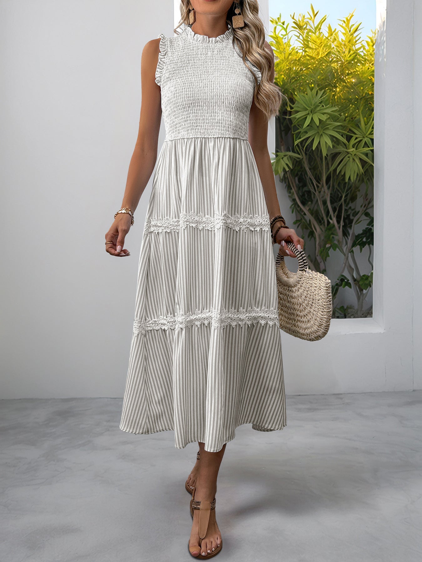 Casual Women's Lace Sleeveless Striped Dress