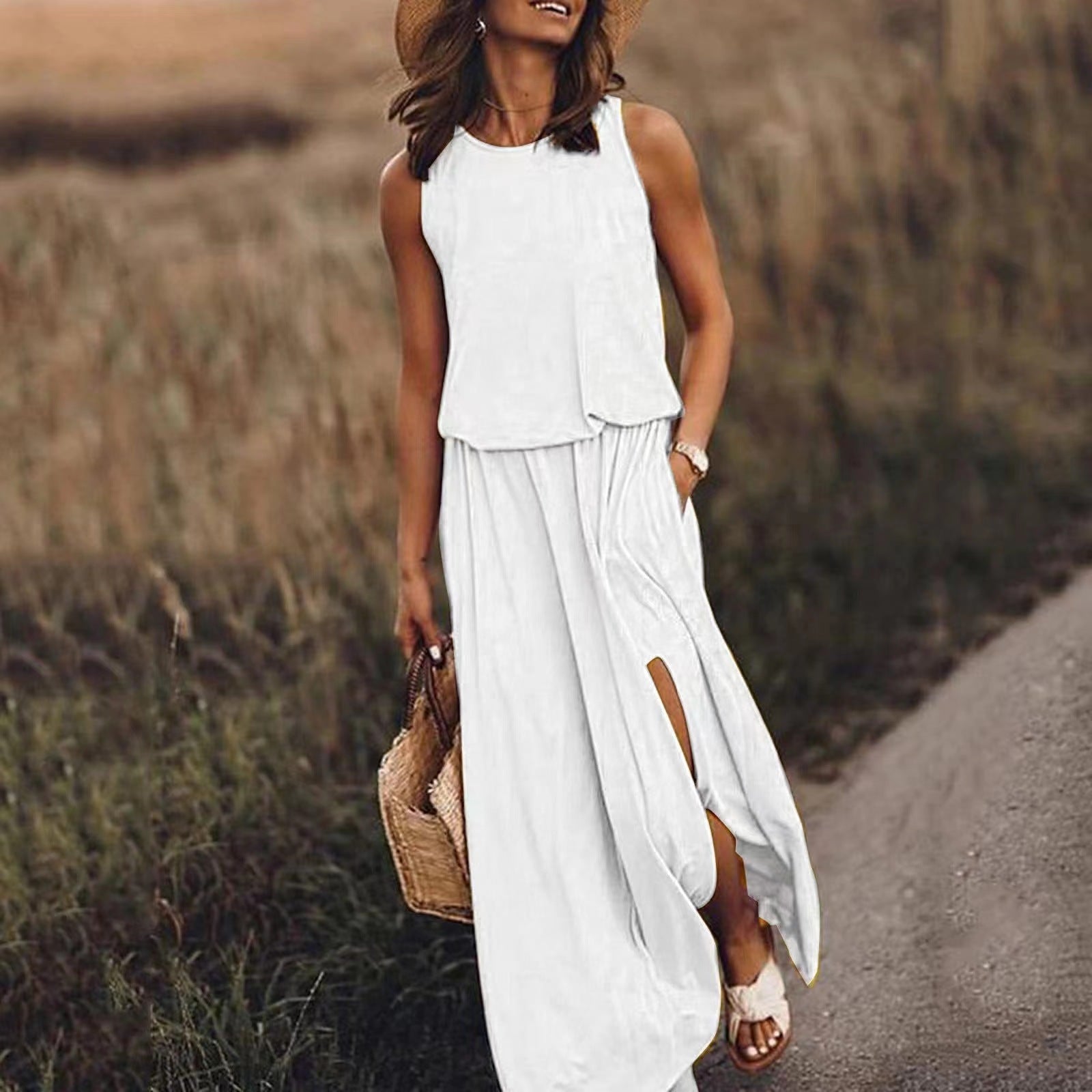 Solid Color Round Neck Sleeveless Lantern Split Dress