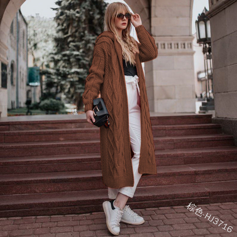 Women Solid Hooded Long Cardigan Sweater Twist Knitted Sweater