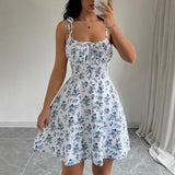 Women Floral Short Dress Square Neck Dresss