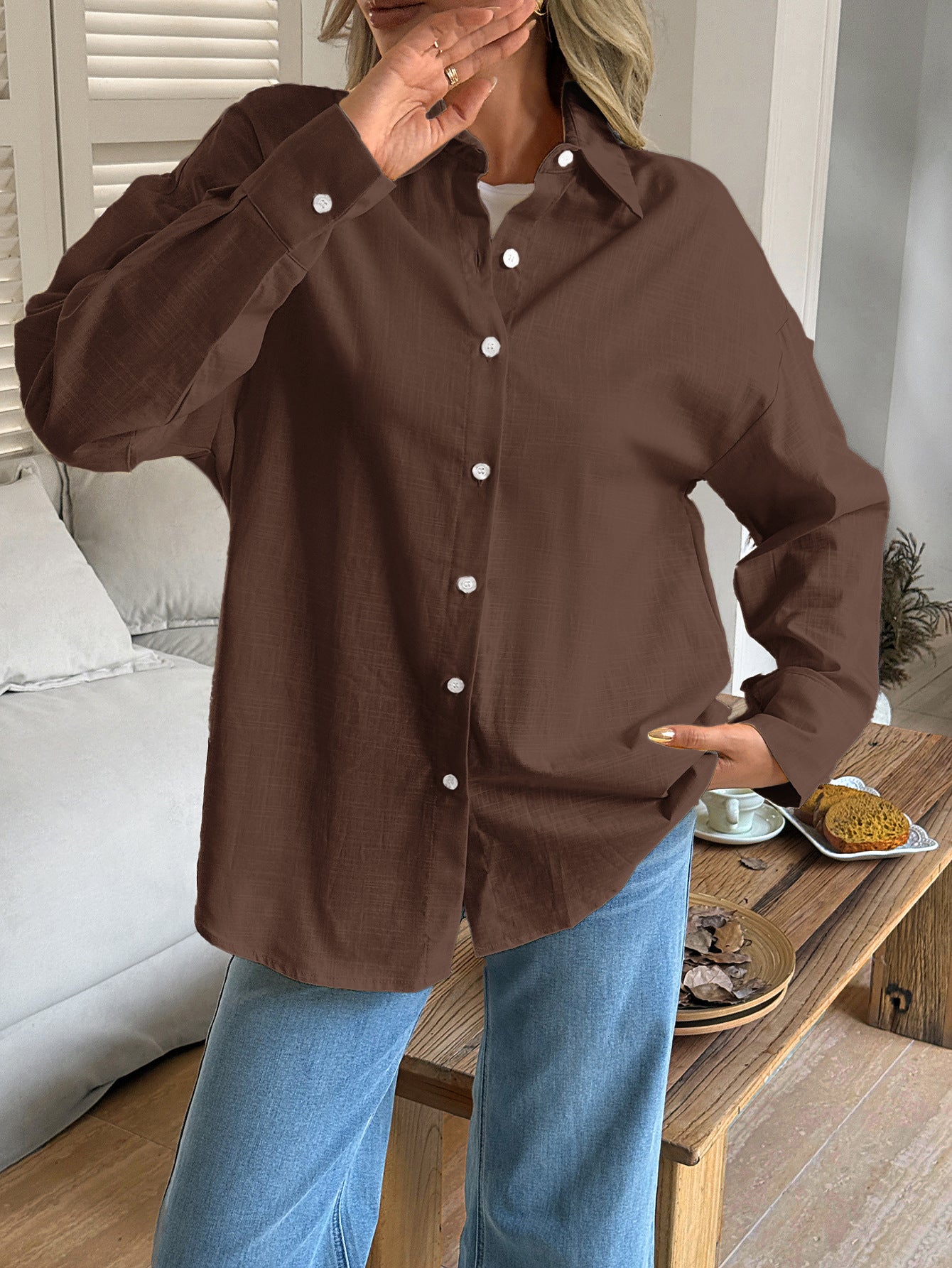 Women's Solid Button V-Neck Long Sleeve Women's Long Sleeve Blouse