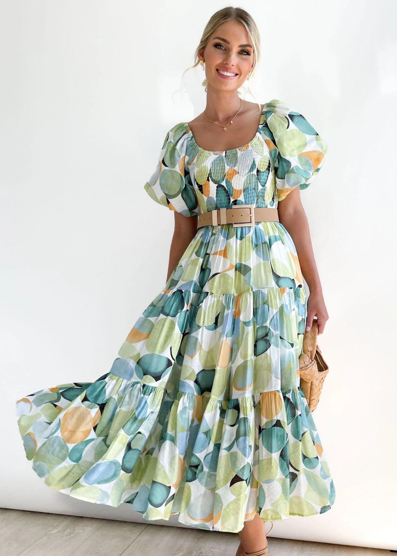 Women Bubble Sleeve Holiday Skinny Long Dress High Waist Shoulder Print Dress