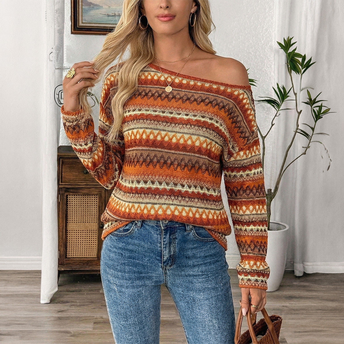 Womens Bohemian Contrast Striped Off-Shoulder Long Sleeve Knitted T-Shirt