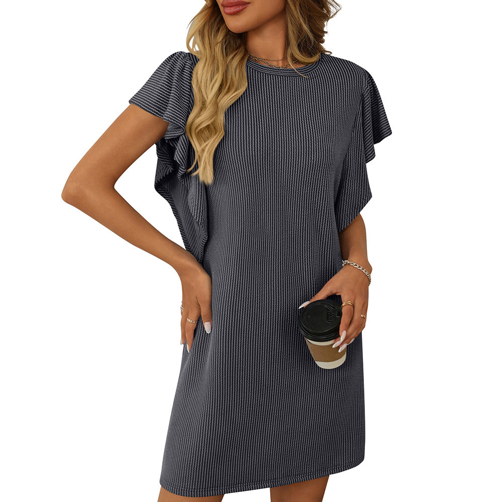 Women's Contrasting Color Twisted Ruffle Sleeve Midi Dress