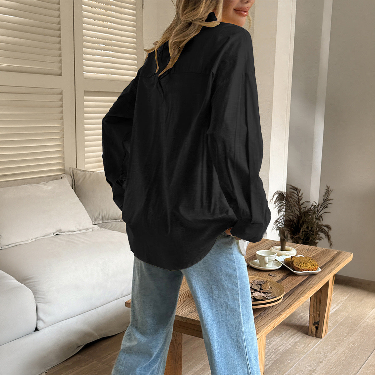 Women's Solid Button V-Neck Long Sleeve Women's Long Sleeve Blouse