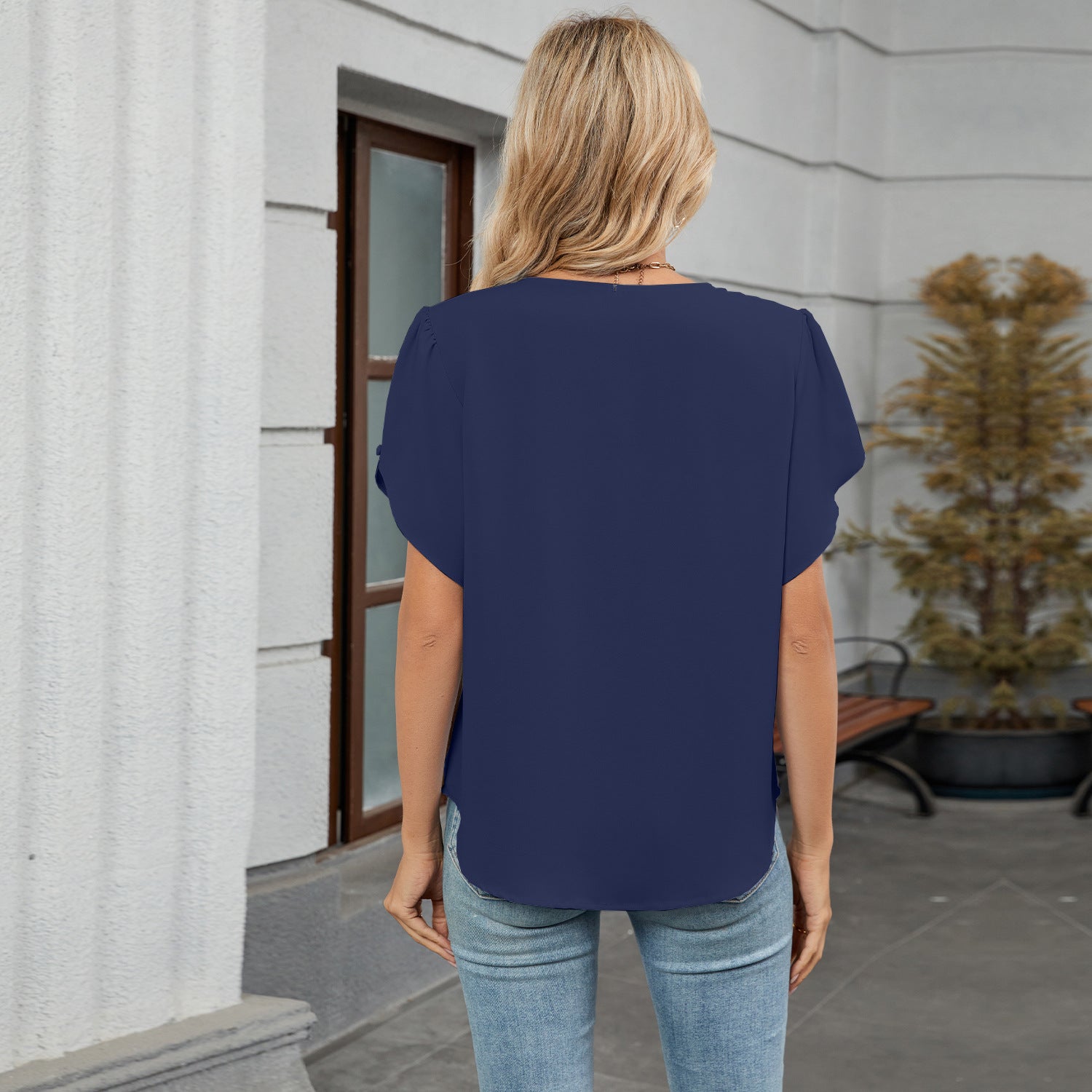 Women Crew Neck Short Sleeve Pleated Loose Chiffon Top