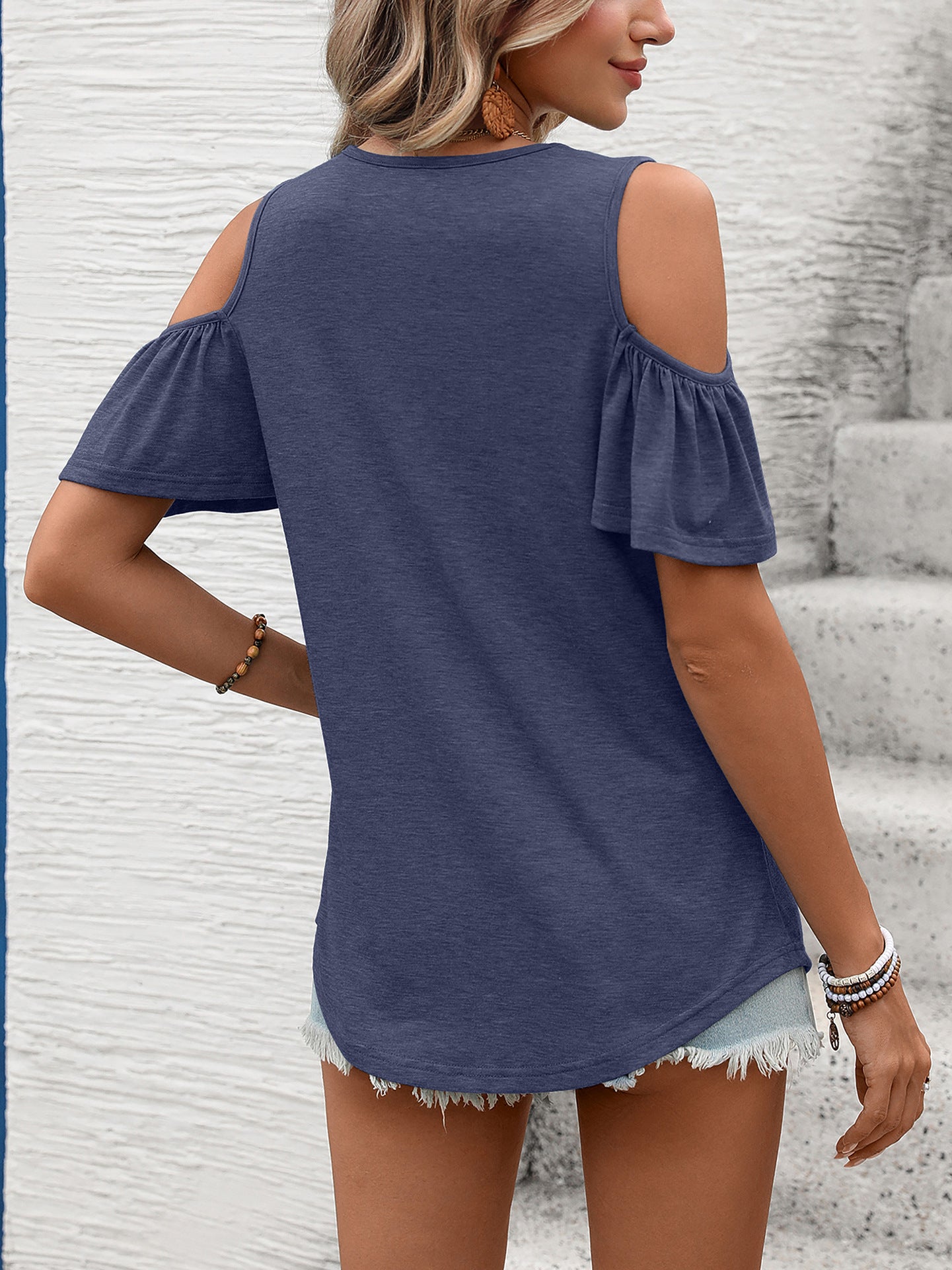 Women Solid Color V-Neck Off-Shoulder Short Sleeve T-Shirt Top