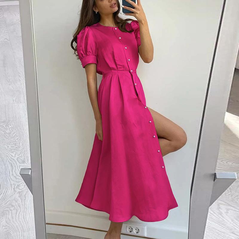 Fashion Casual Solid Color Lantern Sleeve Slim Dress