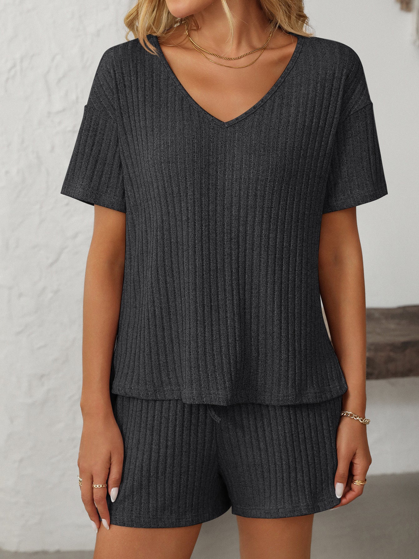 Solid Color Pit Strip Pajamas Short-sleeved Loungewear Set