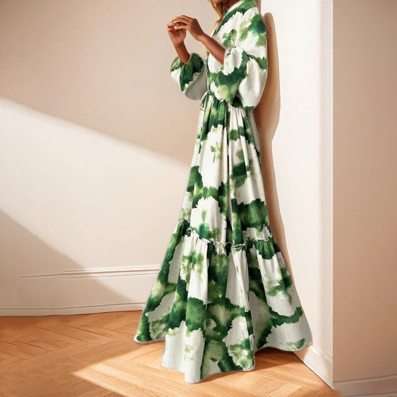 Women Contrast Printed Waist V-Neck Dress