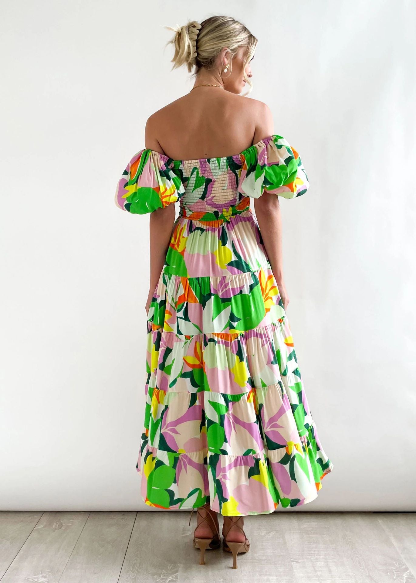 Women Bubble Sleeve Holiday Skinny Long Dress High Waist Shoulder Print Dress