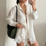 Women Fashion Casual Solid Color Lace Splicing Shorts Set