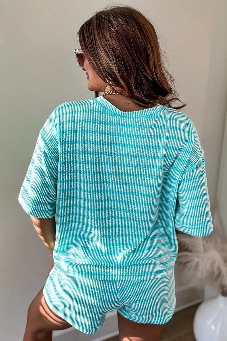 Women Short Sleeve Two-piece Striped Print Suit
