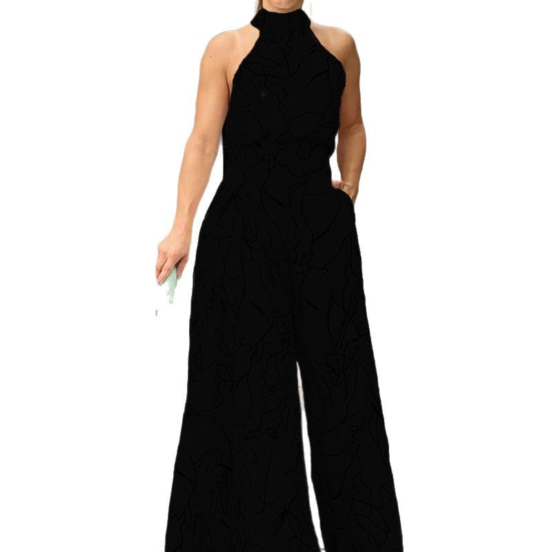 Fashion Sexy Printed Sleeveless Wide Leg Jumpsuit Trousers