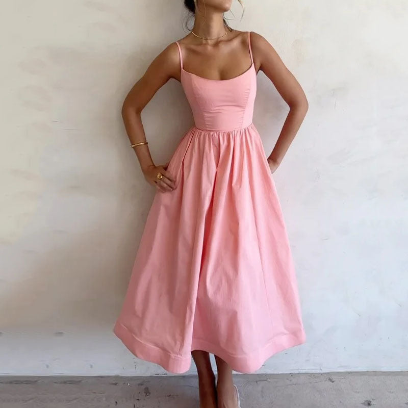 Women Casual Fashion Solid Color Waist Suspender Dress