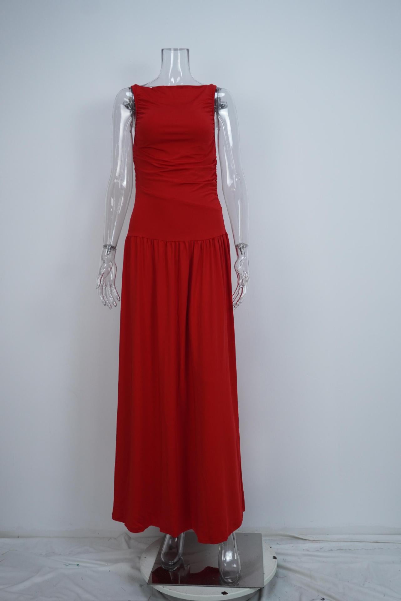 Women Solid Color Pleated Waist Dress Long Dress