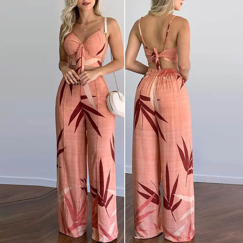 Sexy V-Neck Printed Tank Top Wide Leg Pants Set