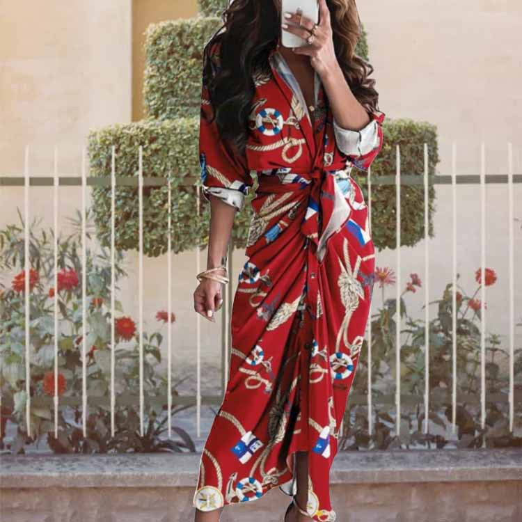 Womens Casual V-Neck Printed Strap-on Dress