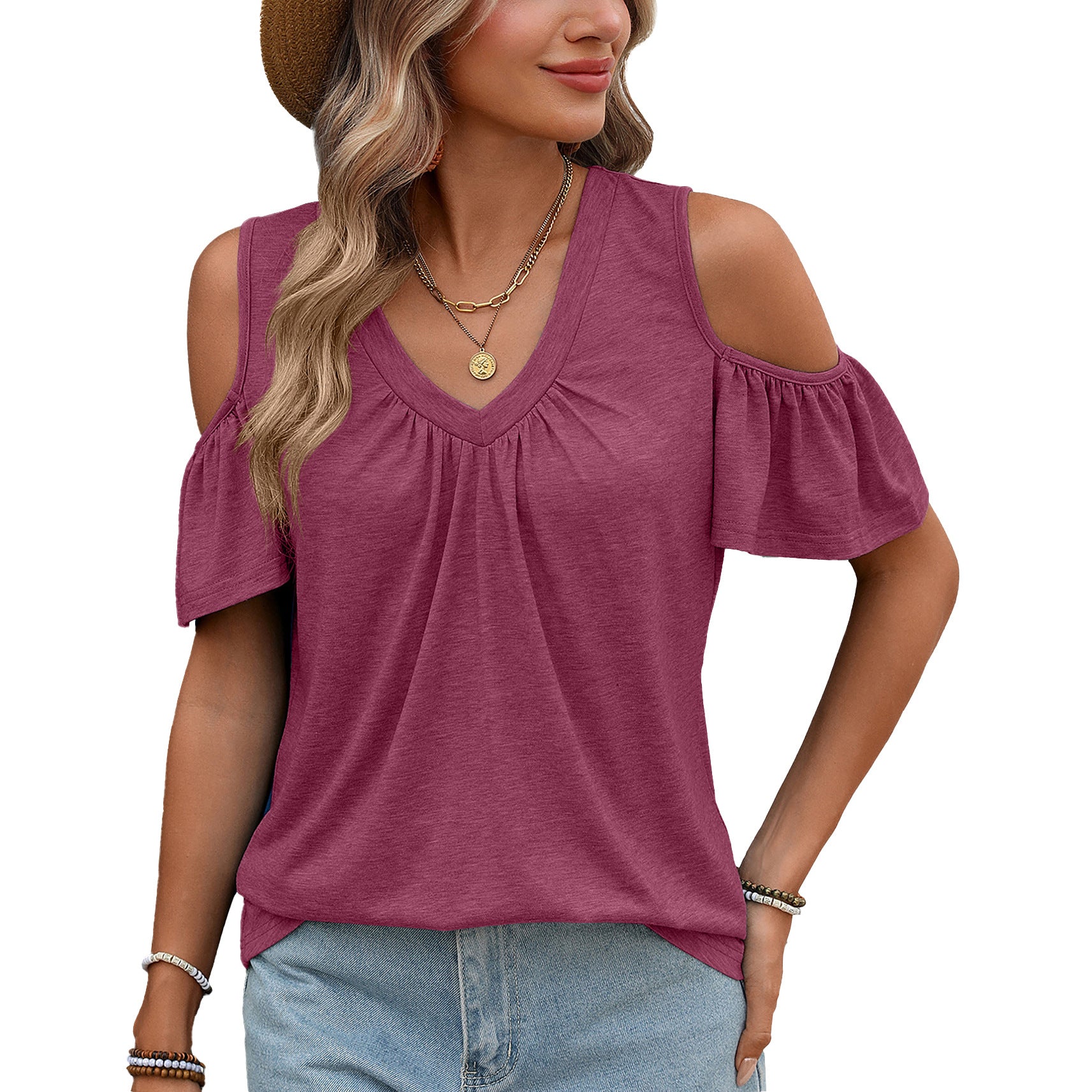 Women Solid Color V-Neck Off-Shoulder Short Sleeve T-Shirt Top