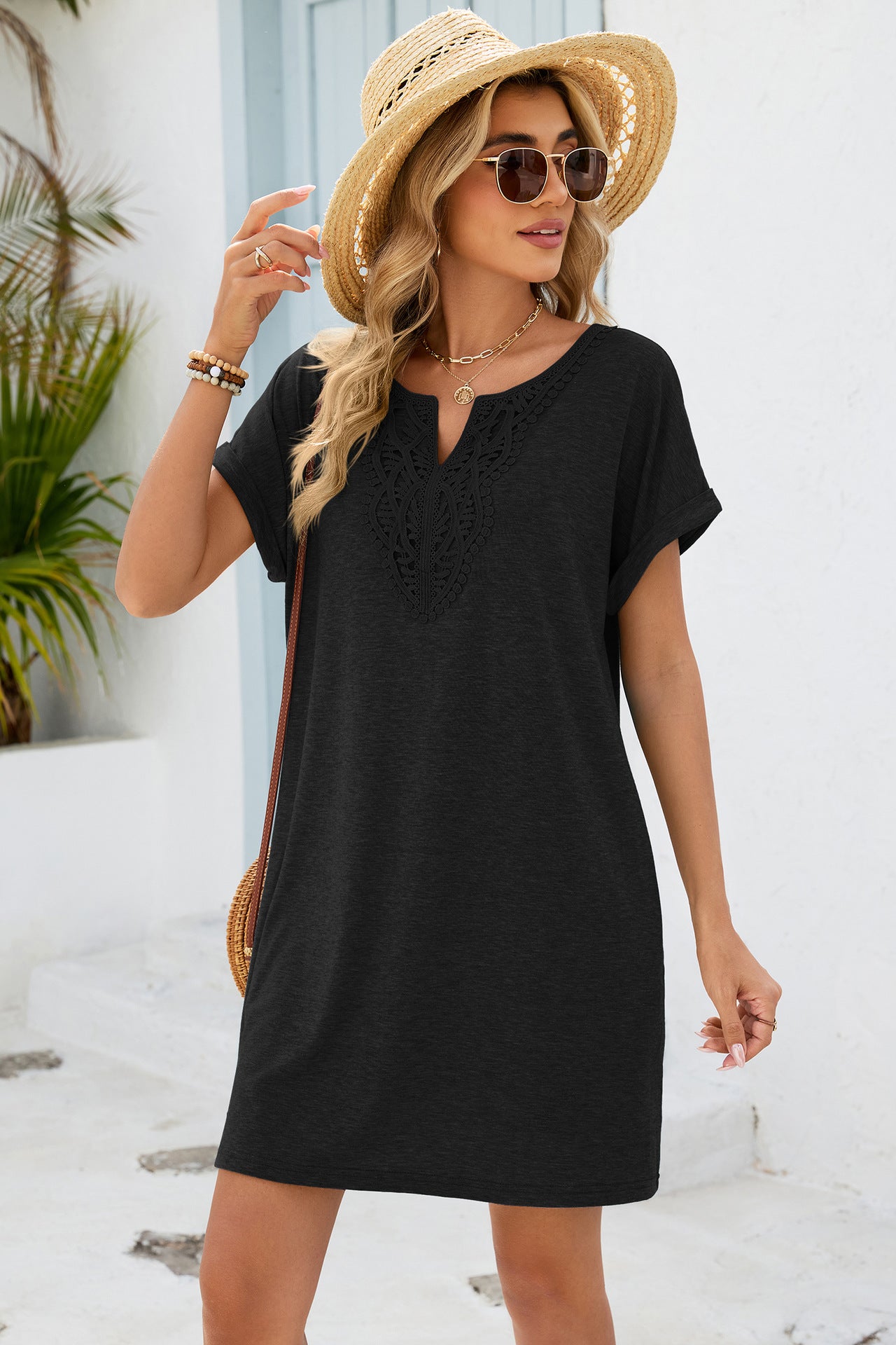 Women Solid Color V-Neck Lace Short Sleeve Pocket Dress
