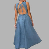 Women's Fashion Solid Color Crew Neck Waist Dress