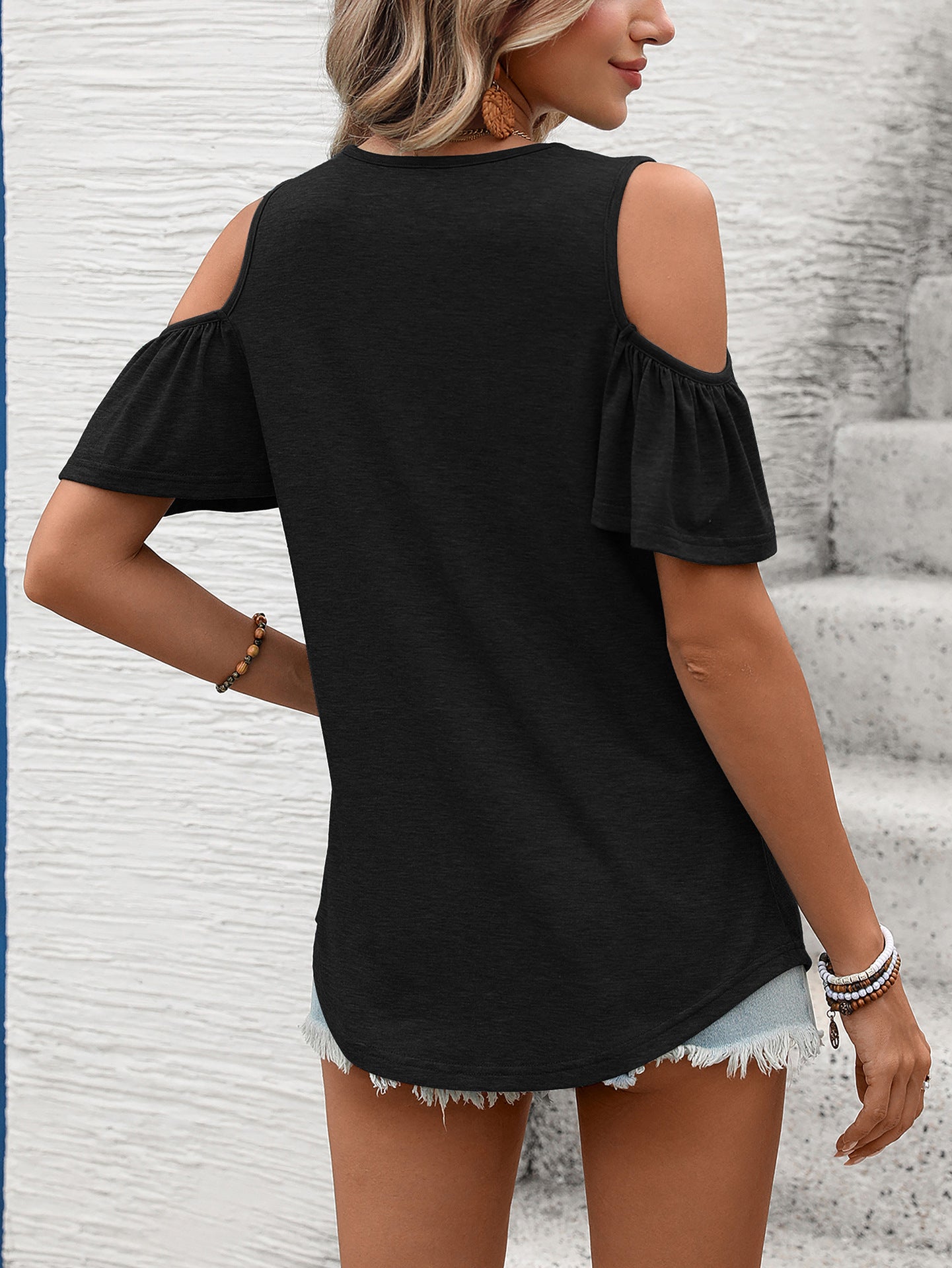 Women Solid Color V-Neck Off-Shoulder Short Sleeve T-Shirt Top