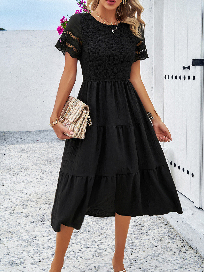 Solid Color Short-sleeved Cut-out Dress for Women