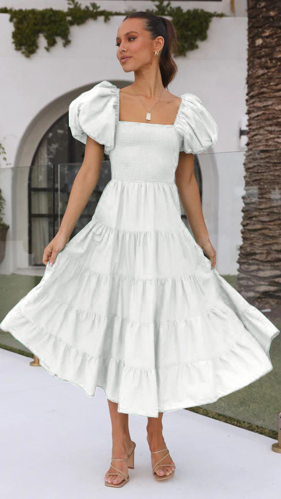 Women Bubble Sleeve Holiday Skinny Long Dress High Waist Shoulder Print Dress
