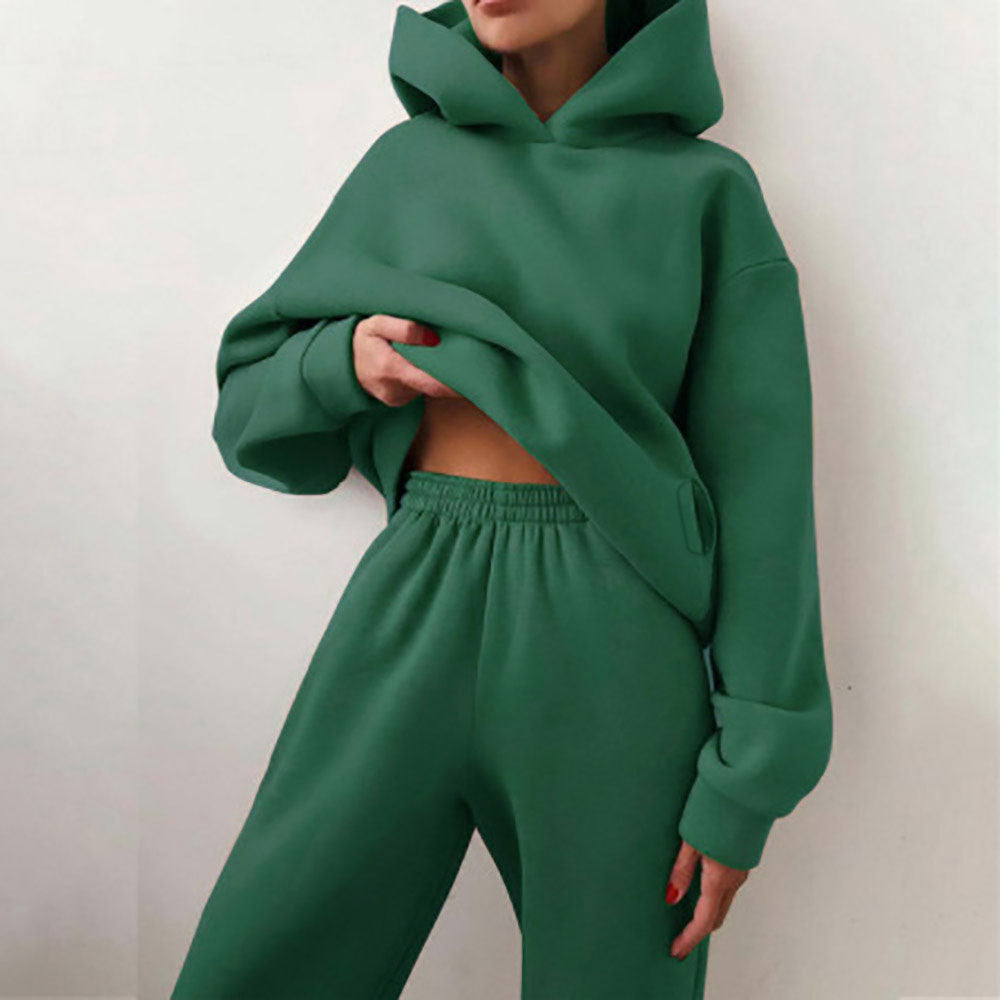 Women Fashion Casual Sports Solid Color Hooded Set