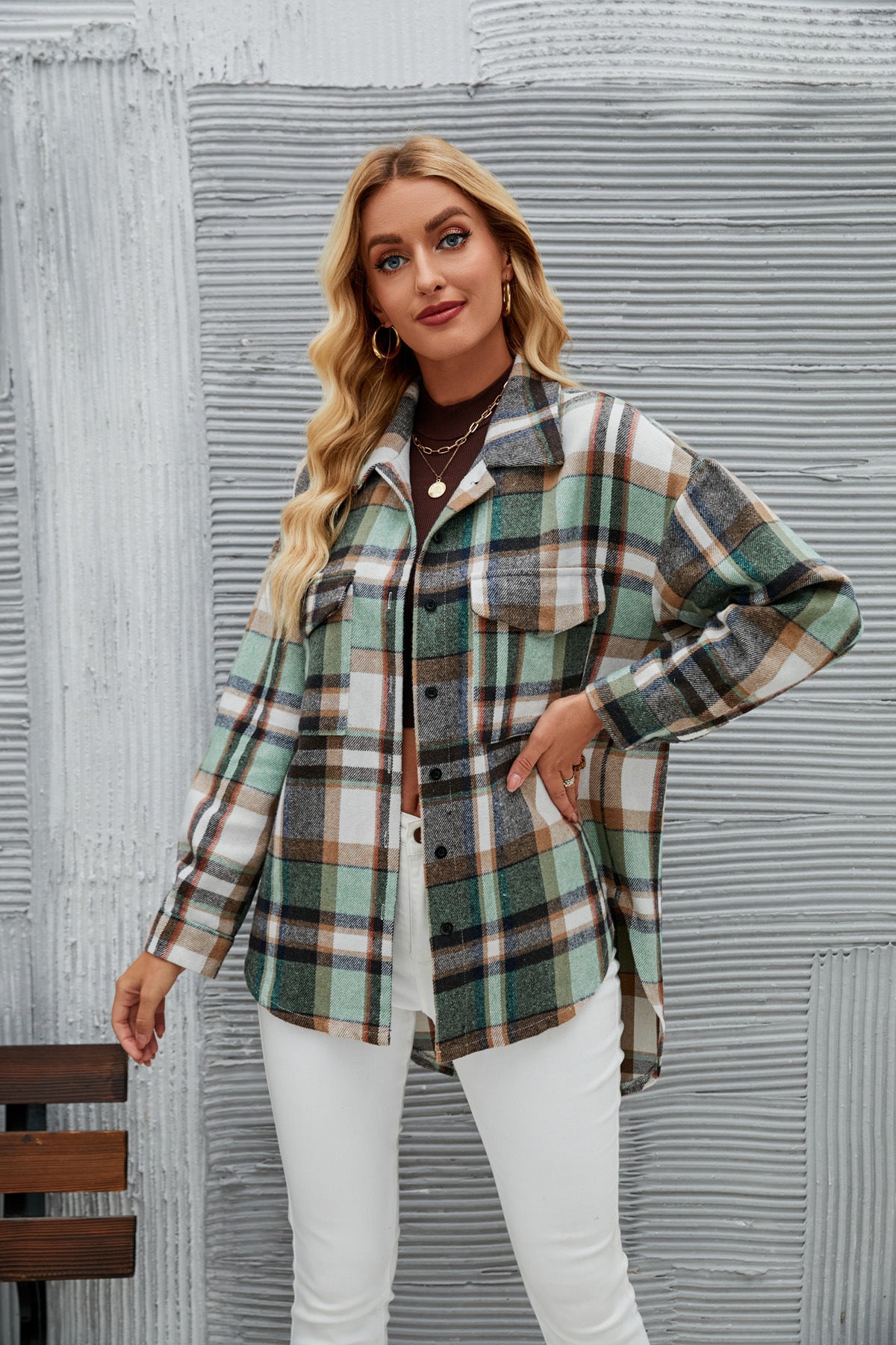 Women Long Sleeve Cardigan Lapel Loose Plaid Wool Shirt Jacket