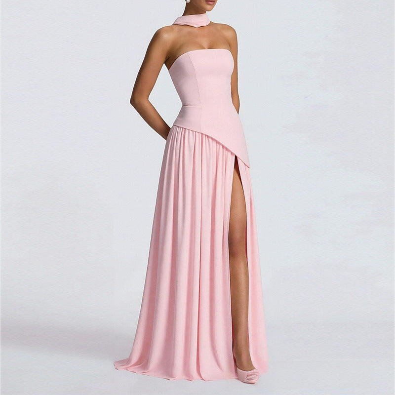 Women's Summer Elegant Slim Fit Solid Color Waist Split Dress