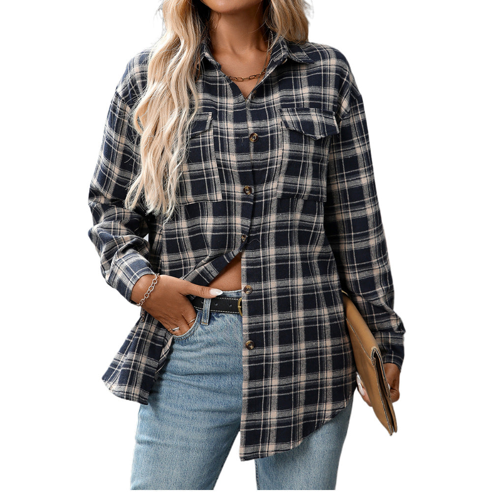 Casual Fashion Loose Plaid Pocket Shirt Women