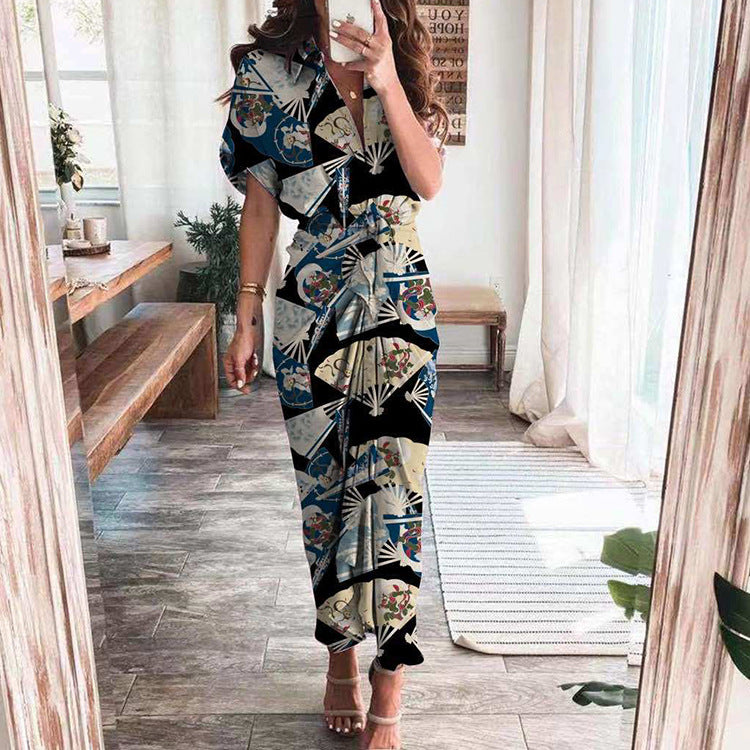 Elegant Short Sleeve Printed High Waist Dress Long Dress