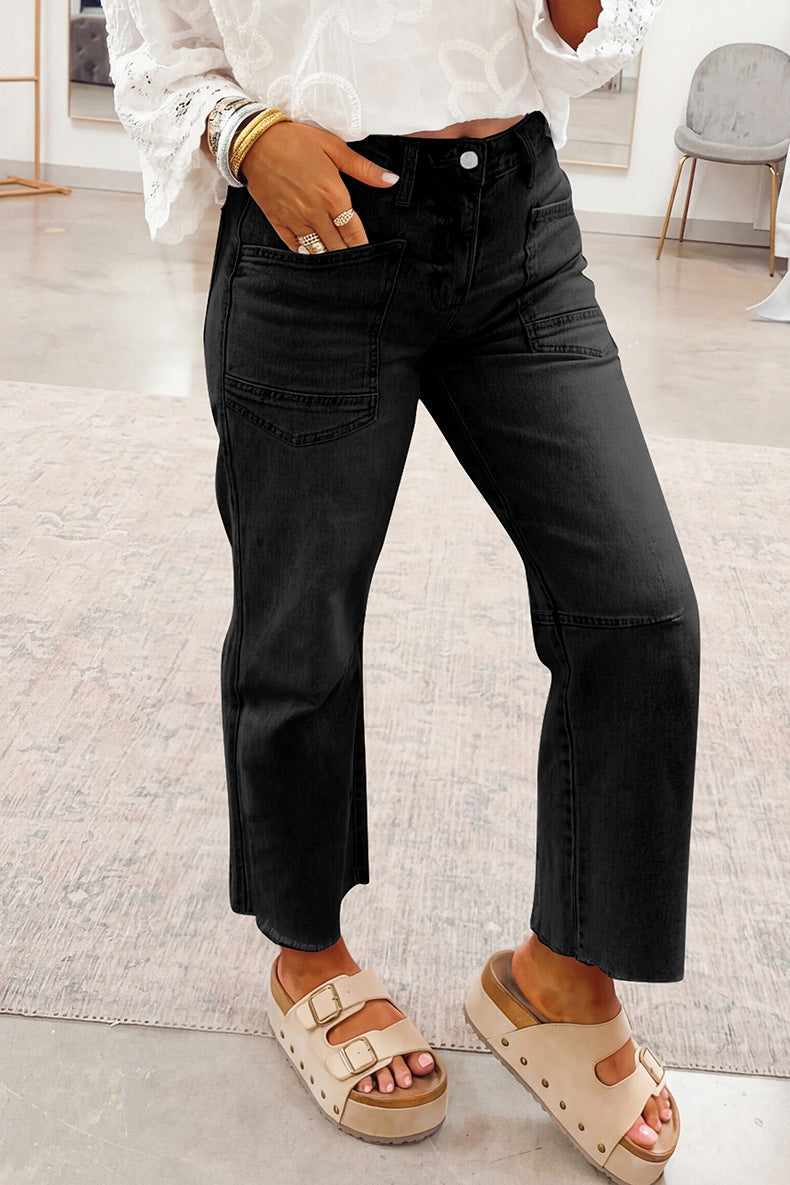 Women High Waist Jeans Big Pockets Slim Fit Skinny
