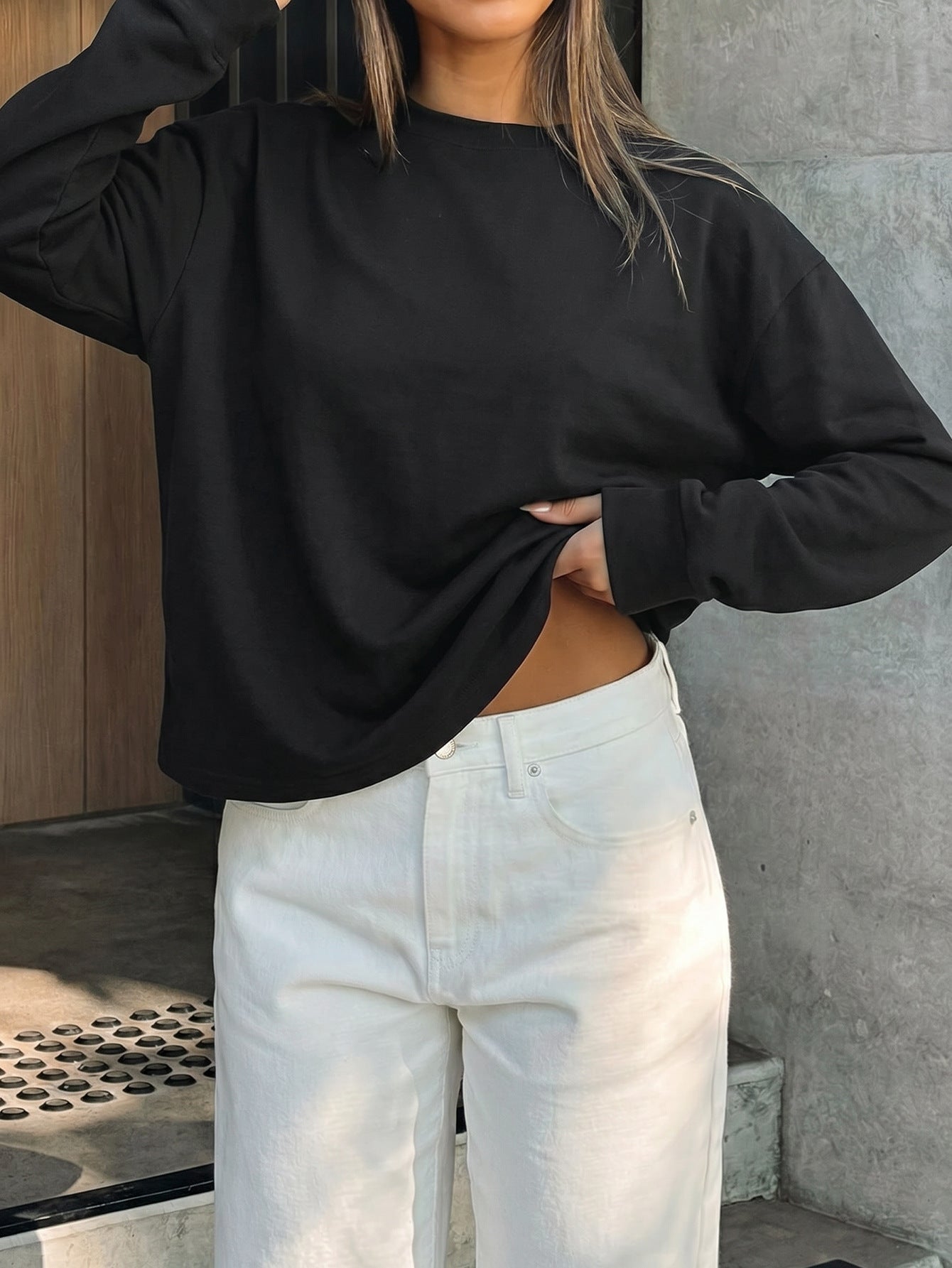 Women's Casual Solid Color Loose Crew Neck Long Sleeve Top