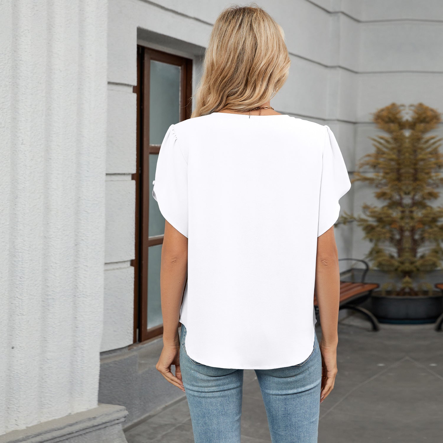 Women Crew Neck Short Sleeve Pleated Loose Chiffon Top