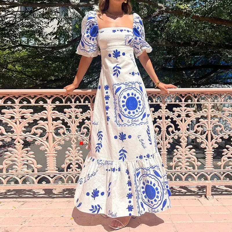 Women's Fashion Lantern Sleeve Print A-shaped Dress