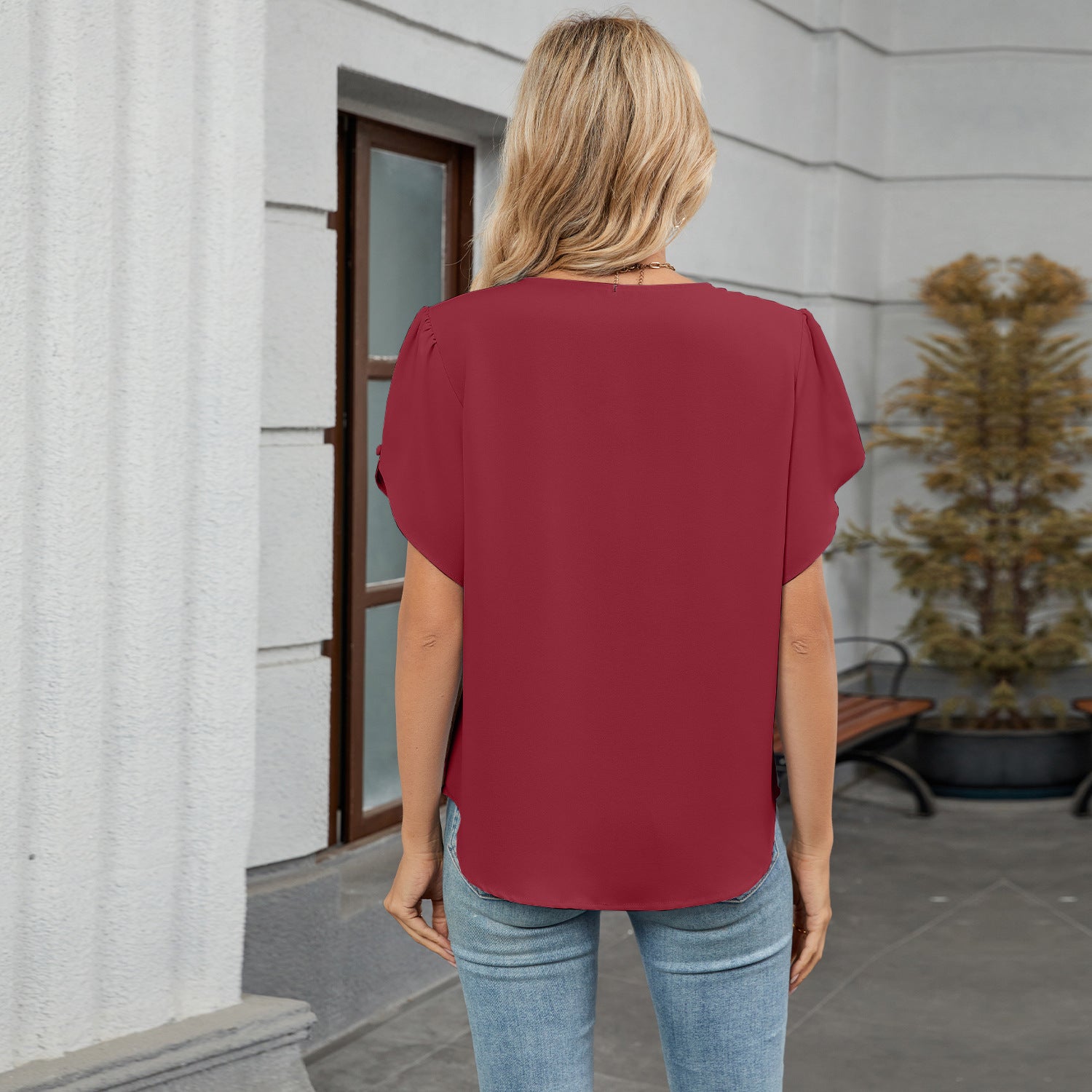 Women Crew Neck Short Sleeve Pleated Loose Chiffon Top